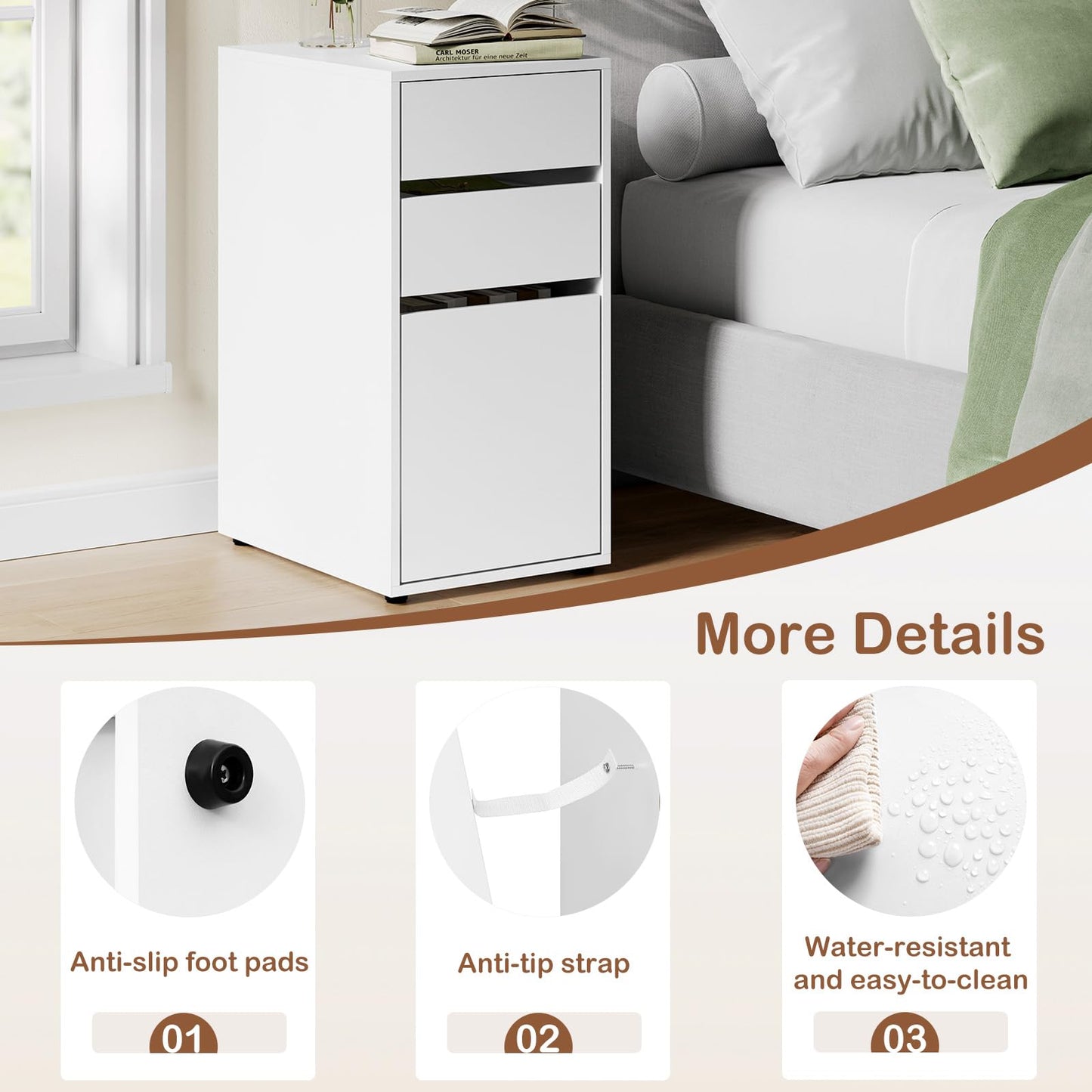 WOLTU Bedside Table, with 3 Drawers