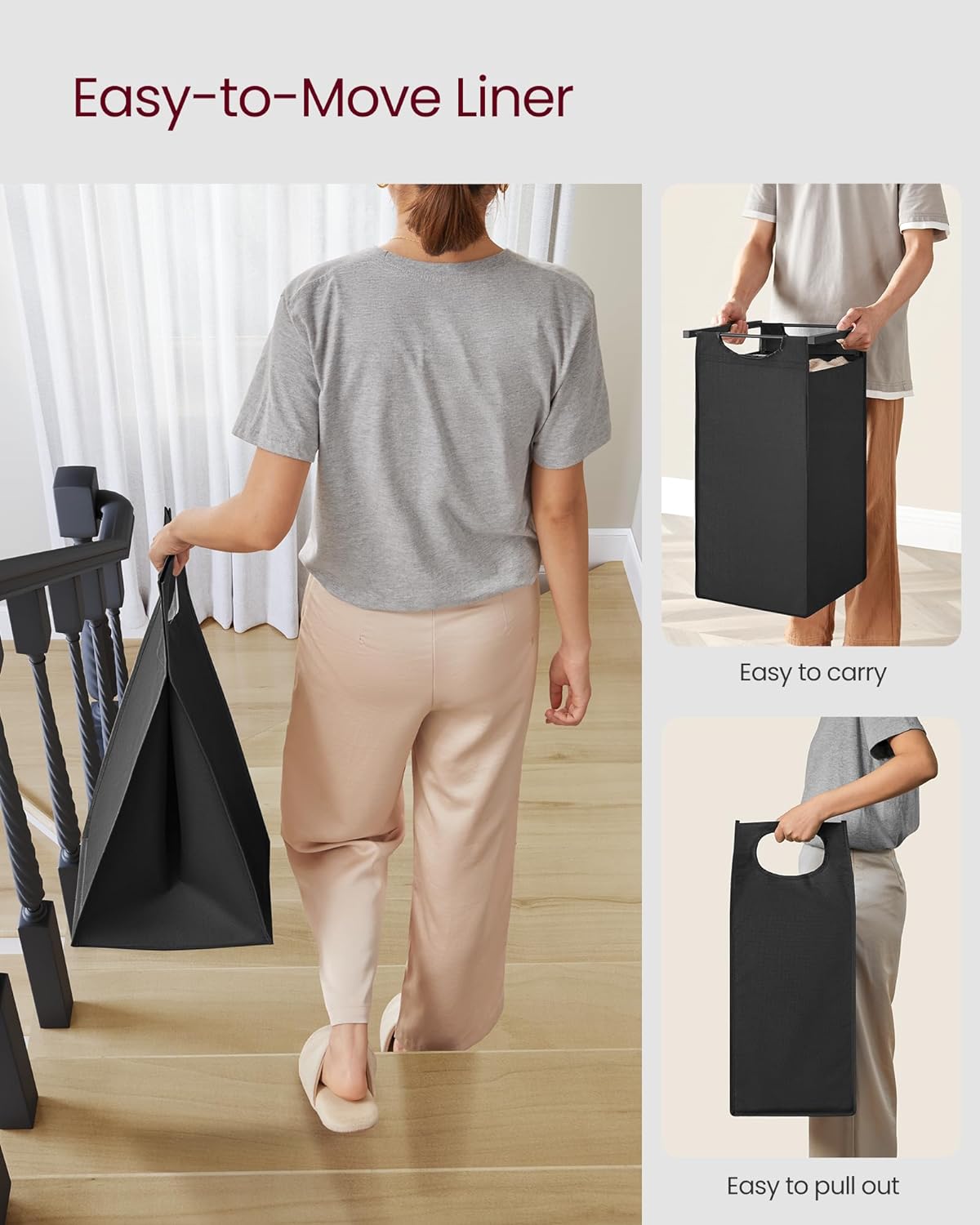 VASAGLE Black Laundry Basket, 3 Compartments