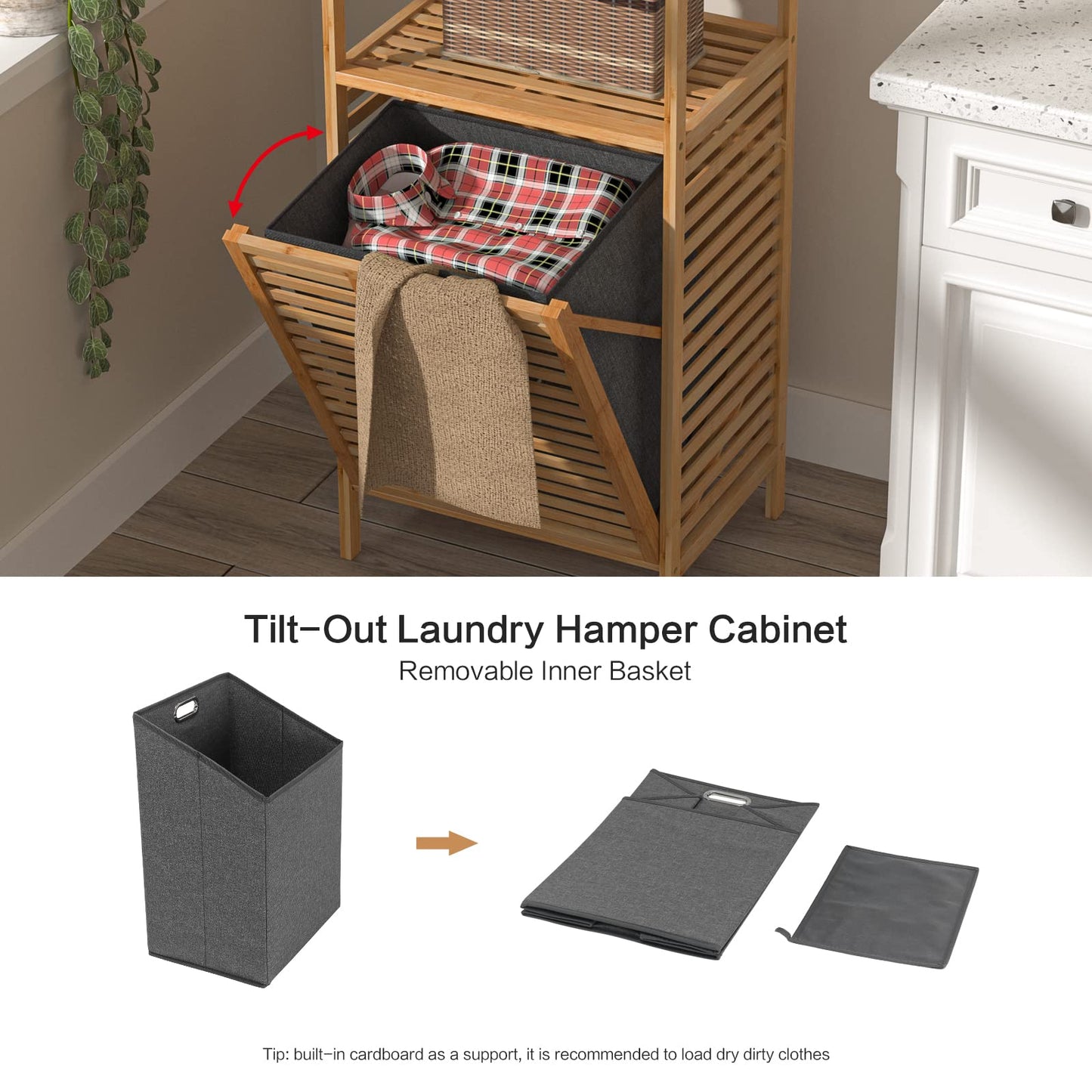 Bamboo Tilting Laundry Cabinet with Basket, Shelves and Handles for Clothes