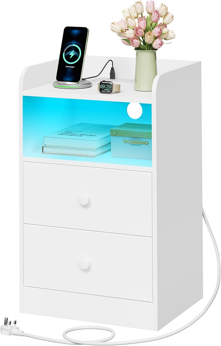 WOLTU Bedside Table with Charging Station & LED Lights