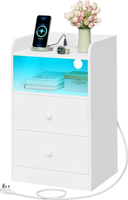 WOLTU Bedside Table with Charging Station & LED Lights