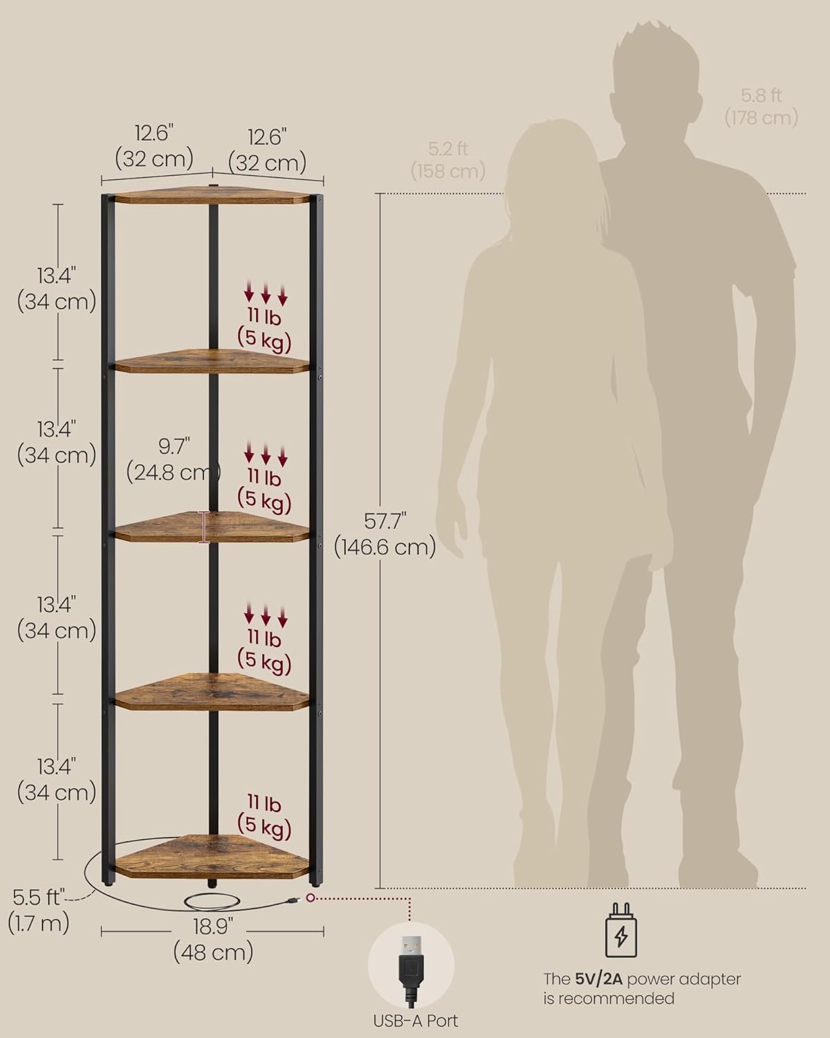 VASAGLE 5-Tier Corner Shelf with Adjustable LED Lights (LBC590KD02)