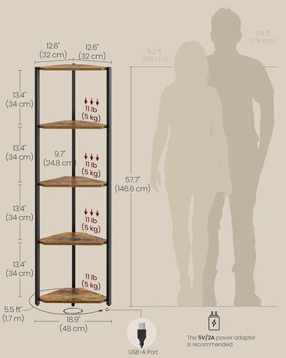 VASAGLE 5-Tier Corner Shelf with Adjustable LED Lights (LBC590KD02)