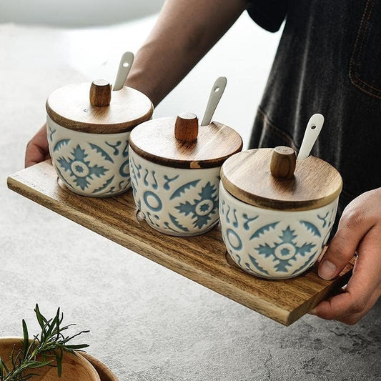 Ceramic Condiment Jar Set with Acacia Wood Tray