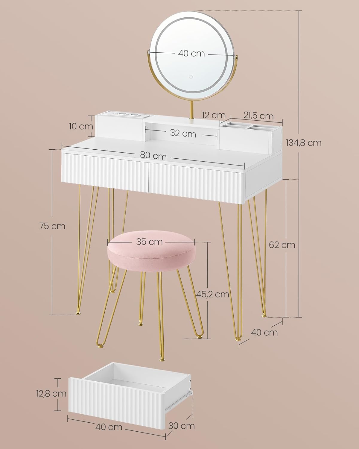 VASAGLE Dressing Table with Stool RVT019W01