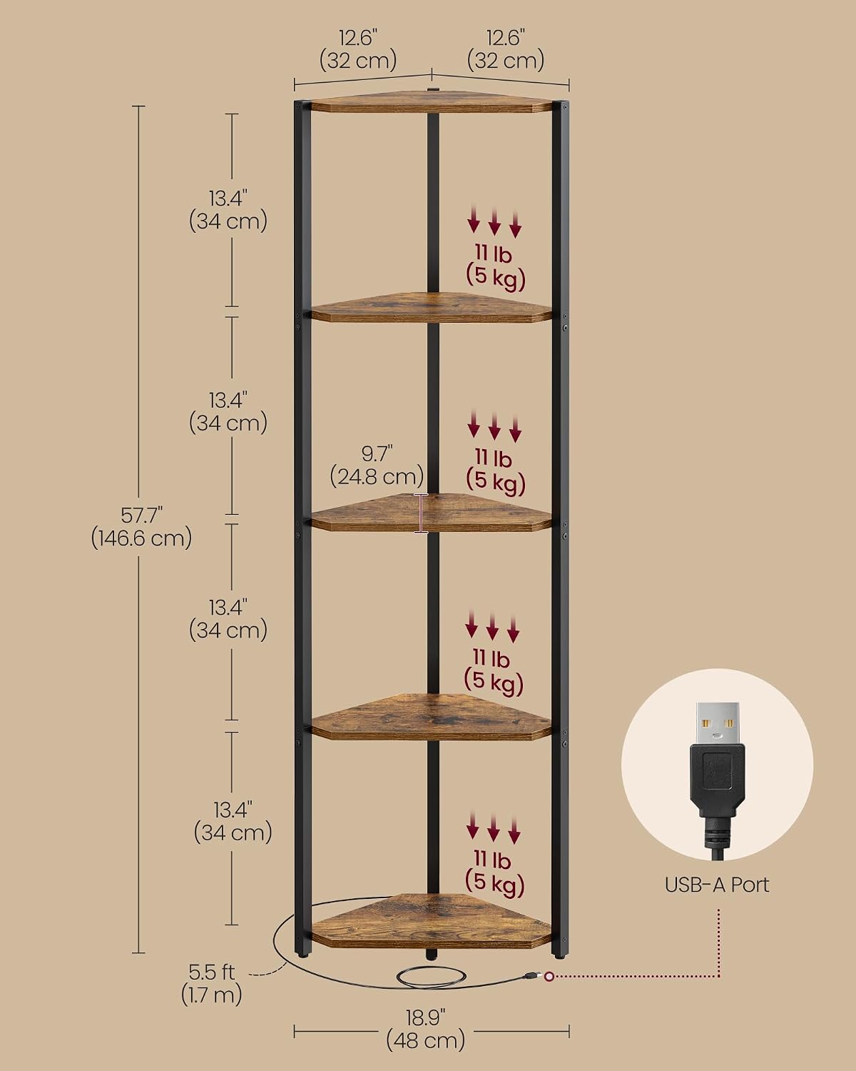 VASAGLE 5-Tier Corner Shelf with Adjustable LED Lights (LBC590KD02)