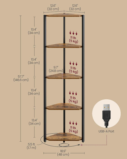 VASAGLE 5-Tier Corner Shelf with Adjustable LED Lights (LBC590KD02)