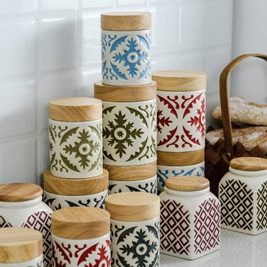 Set of 2 Ceramic Food Storage Jar with Wooden Lid