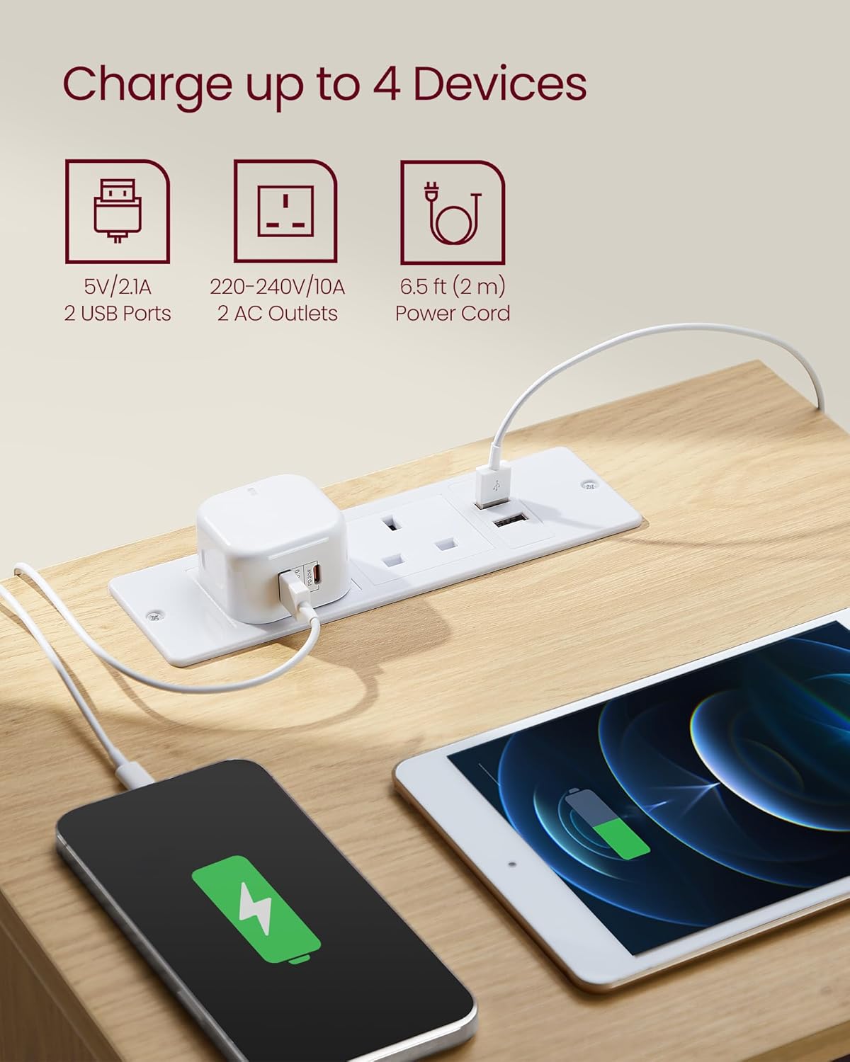 VASAGLE Bedside Table with Power Strip