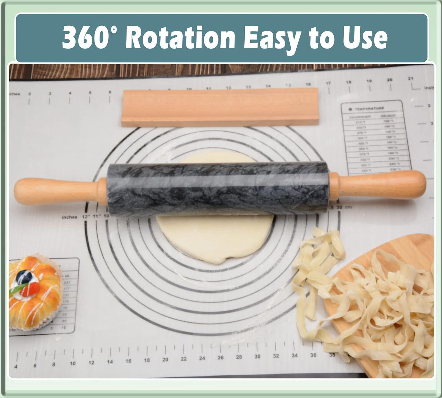 Marble Rolling Pin with Wooden Cradle Thick Handle Set