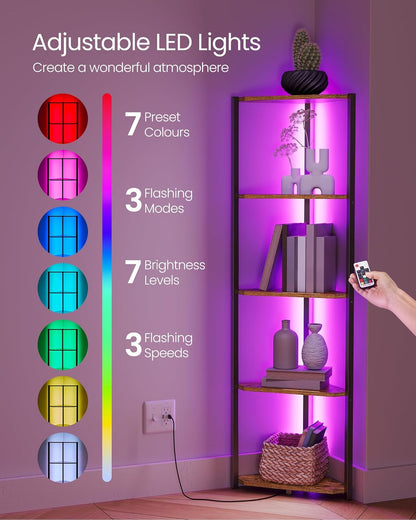 VASAGLE 5-Tier Corner Shelf with Adjustable LED Lights (LBC590KD02)