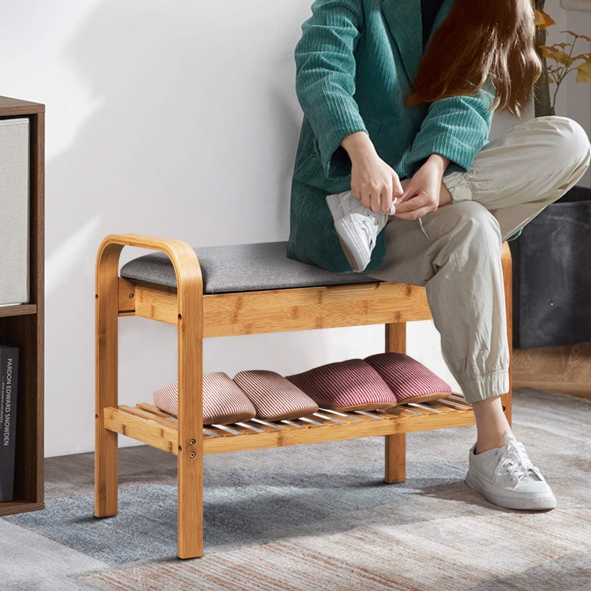 Bamboo Shoe Rack Bench with Flip Top Storage Space
