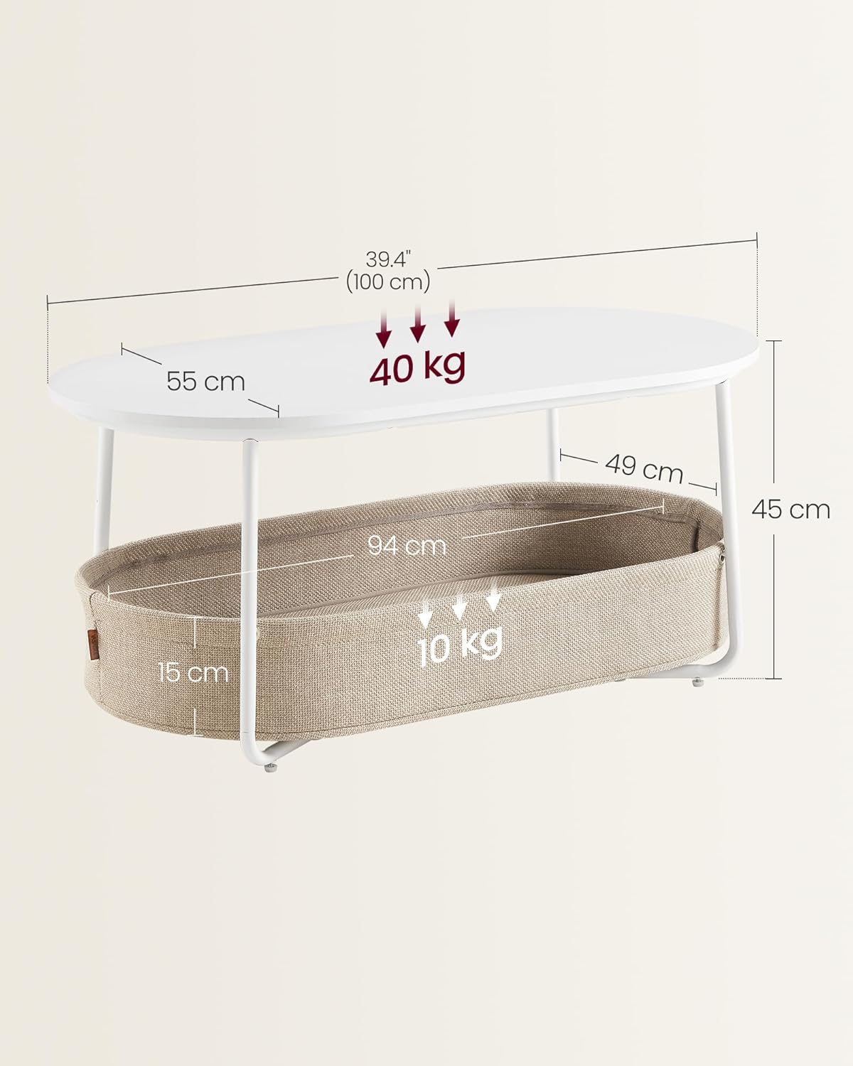 VASAGLE Oval Coffee Table with Storage Space (LCT222W10)