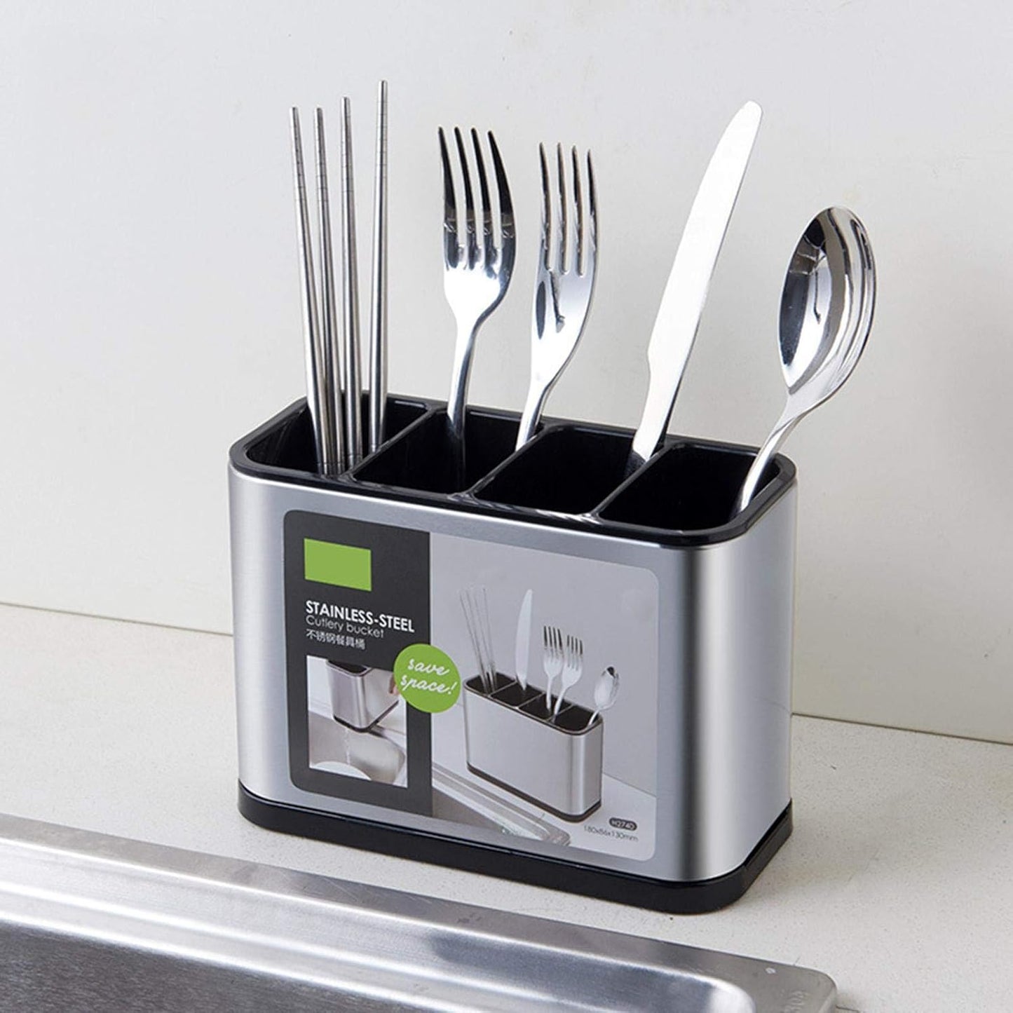 Stainless Steel Cutlery Bucket & Drainer