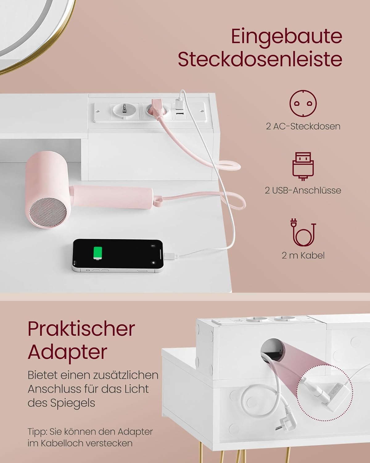 VASAGLE Dressing Table with Stool RVT019W01