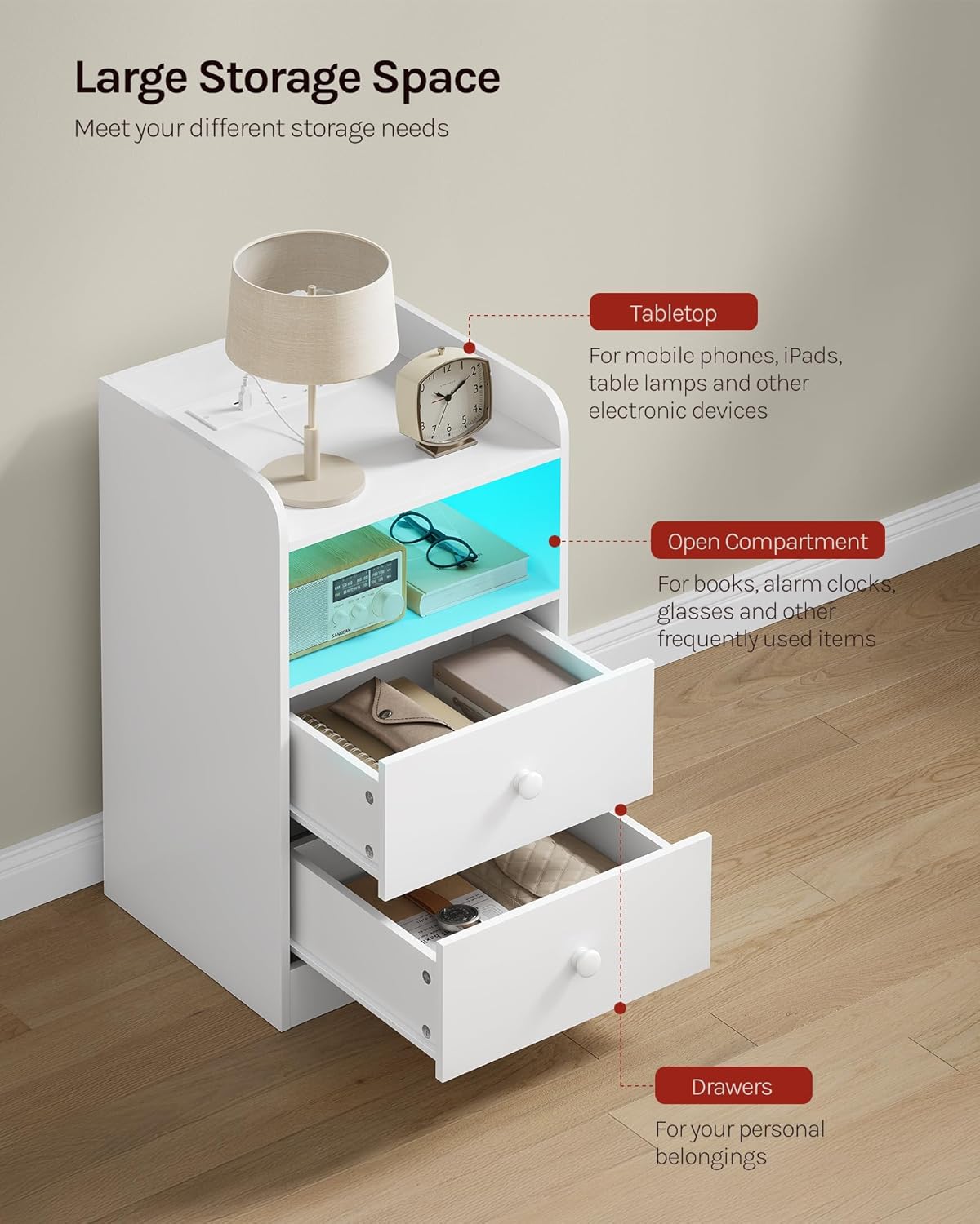 WOLTU Bedside Table with Charging Station & LED Lights