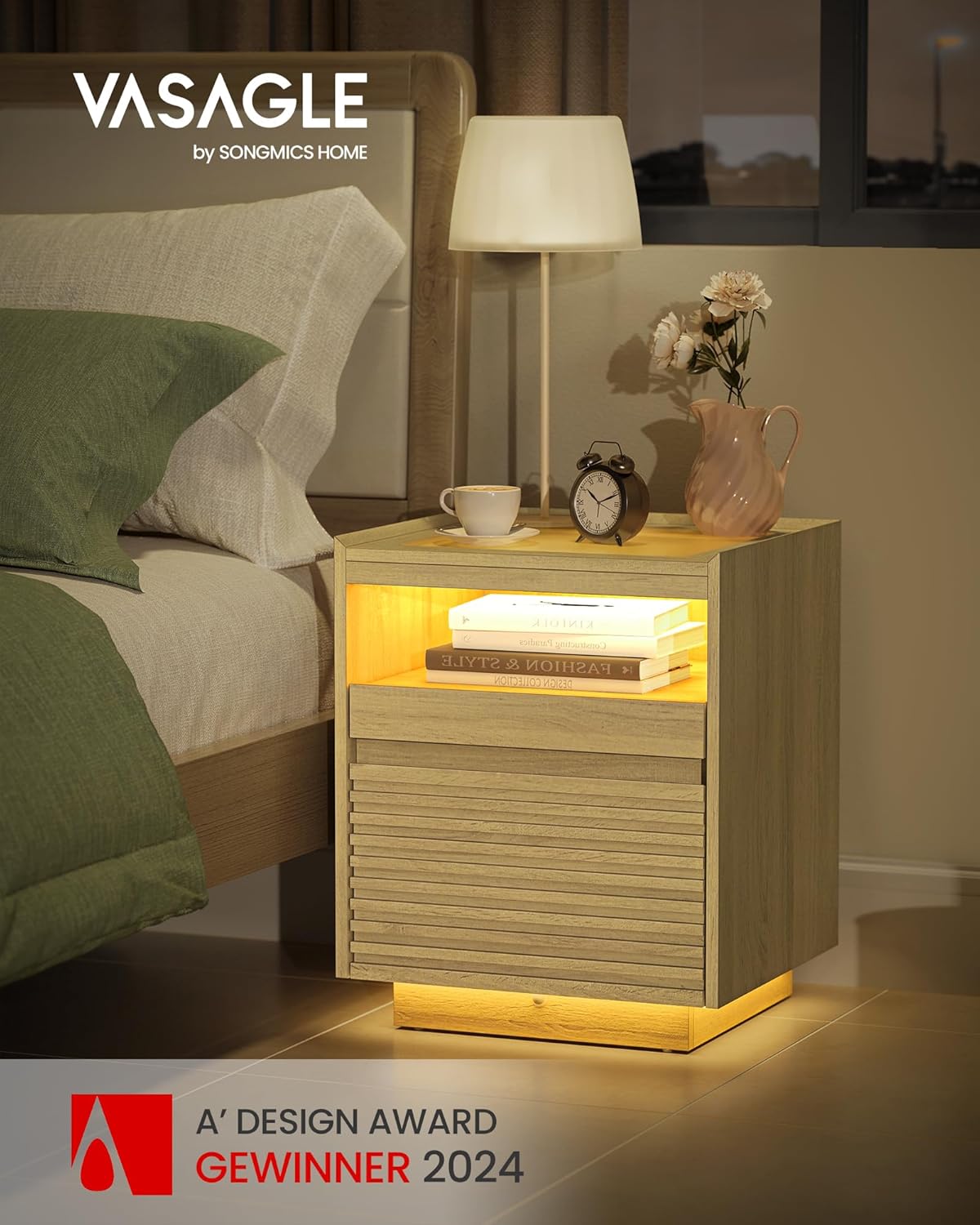 VASAGLE Bedside Table with LED