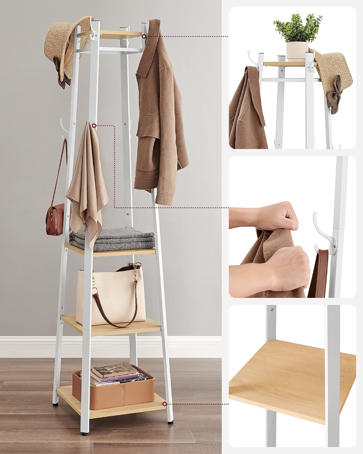 VASAGLE Coat Stand, Coat Rack with 8 Double Coat Hooks (LCR080W09)