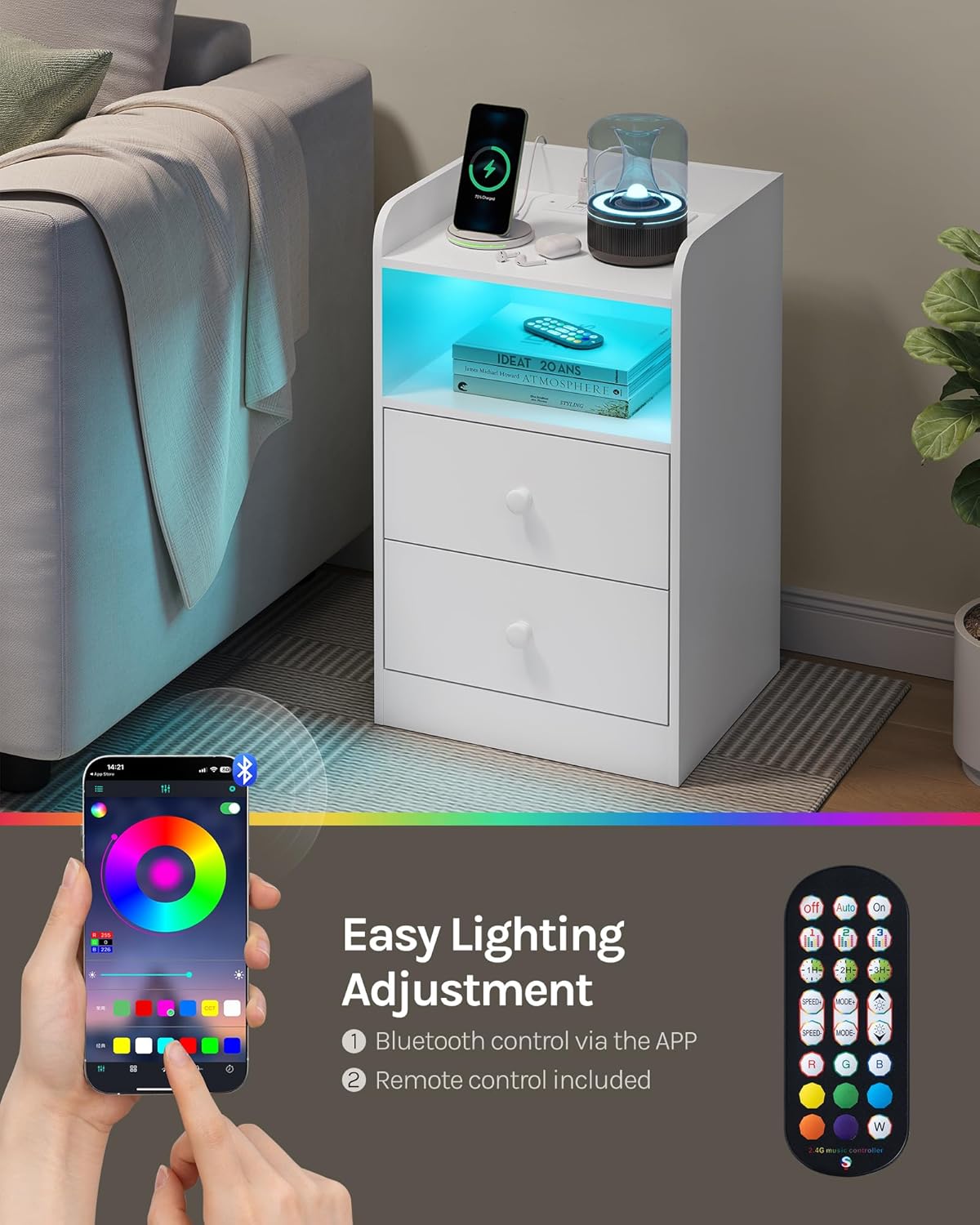 WOLTU Bedside Table with Charging Station & LED Lights