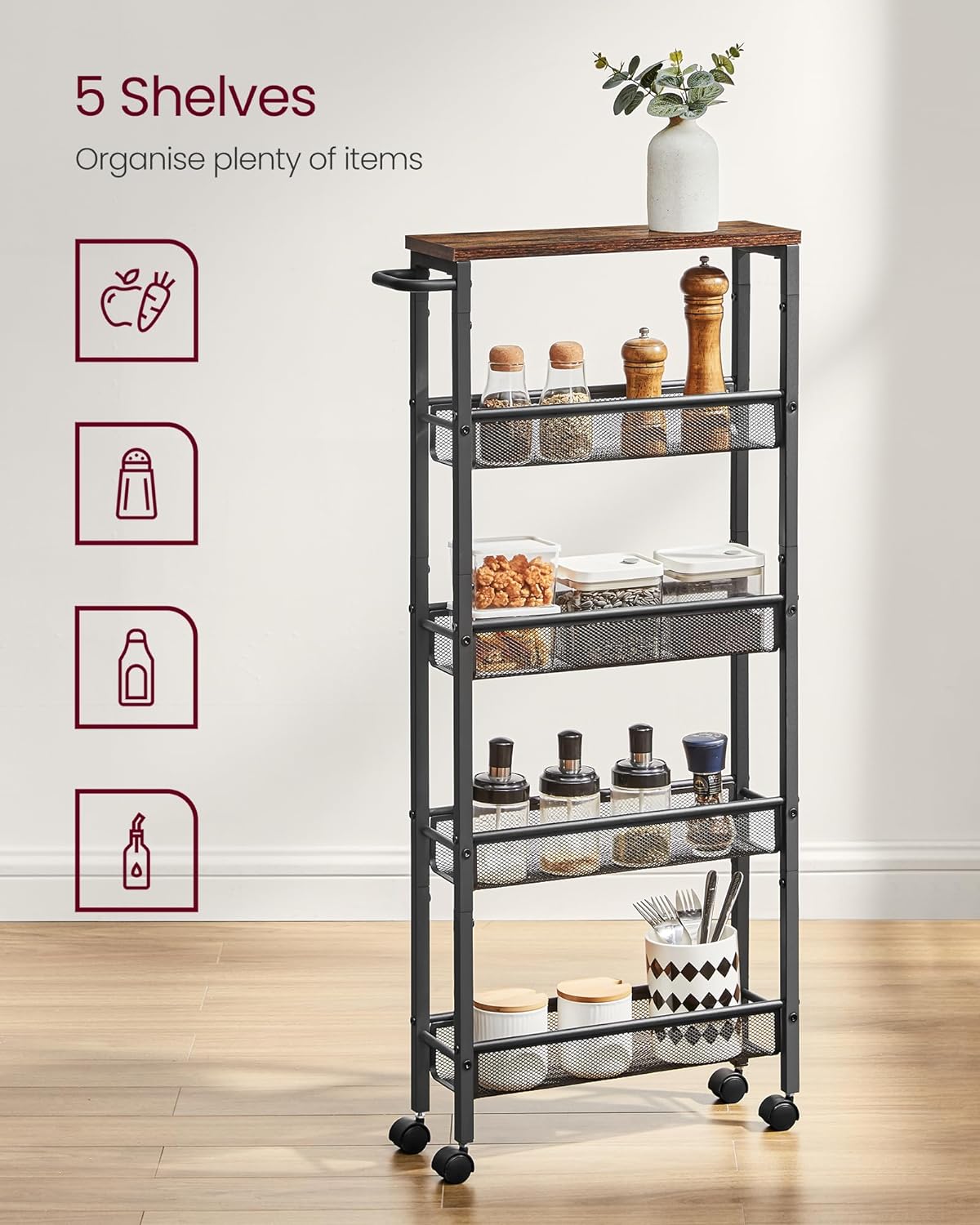 VASAGLE 5-Tier Slim Rolling Cart