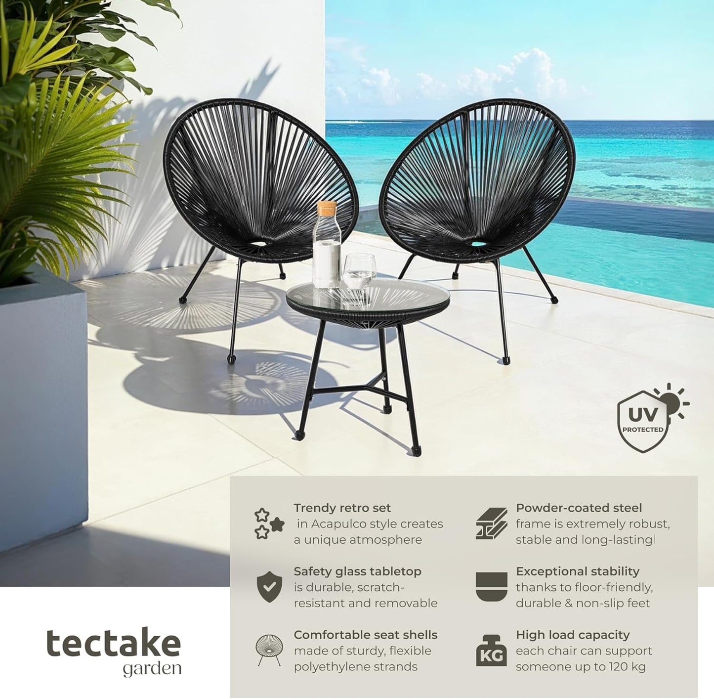 Set of 2 Outdoor Chairs & Glass Coffee Table