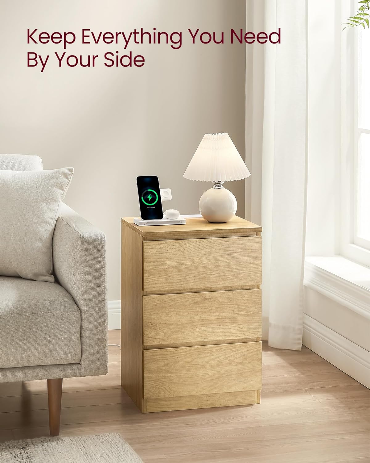 VASAGLE Bedside Table with Power Strip