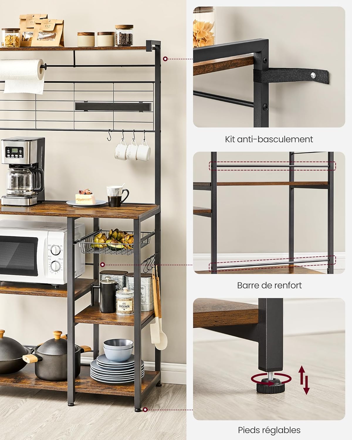 VASAGLE Bakers Rack with Magnetic Knife Holder KKS026B01