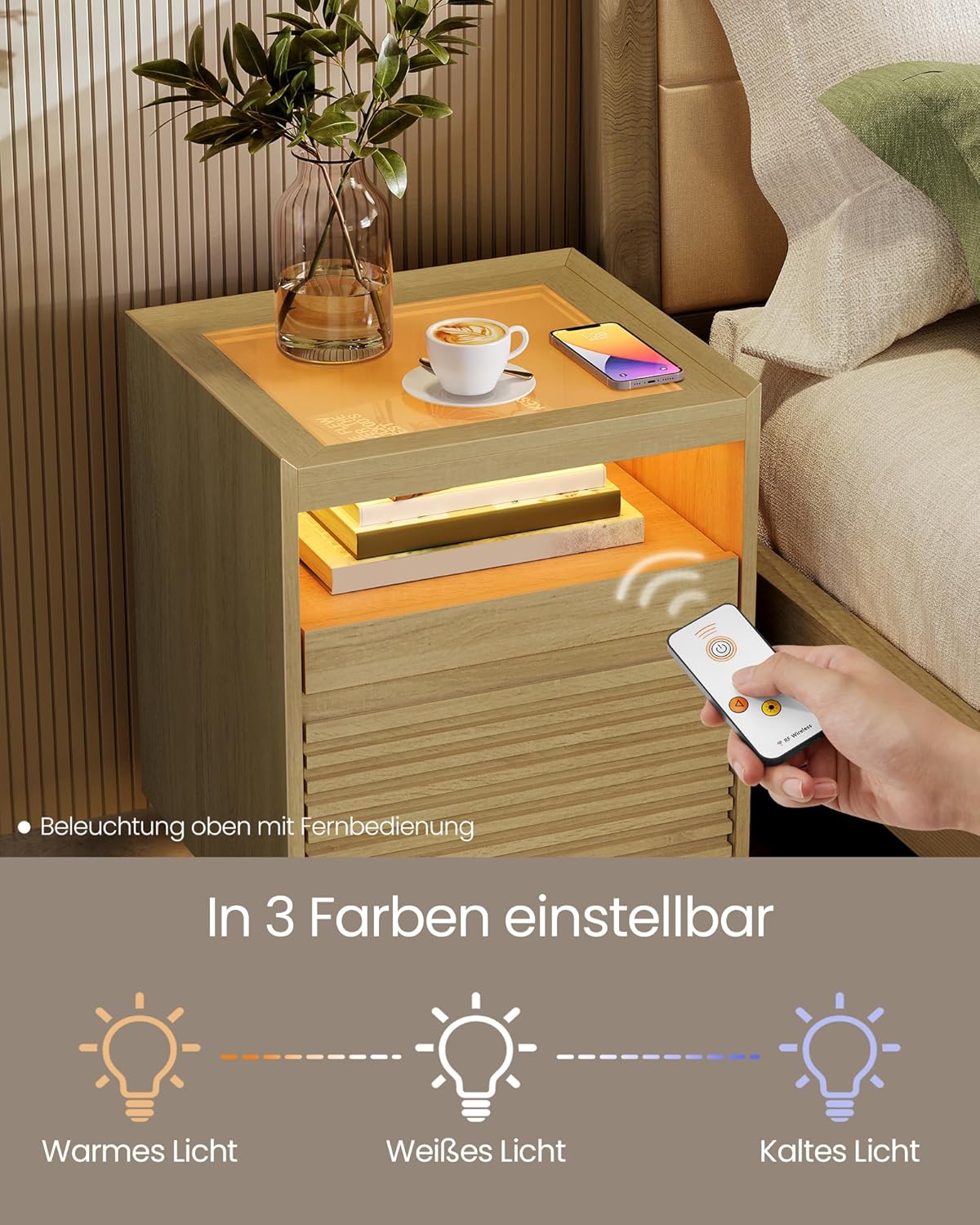 VASAGLE Bedside Table with LED
