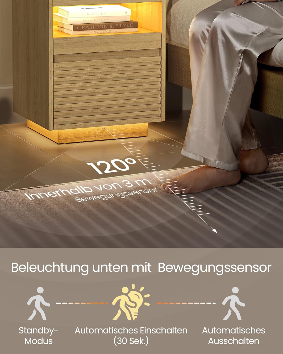 VASAGLE Bedside Table with LED