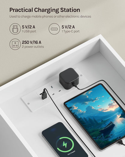 WOLTU Bedside Table with Charging Station & LED Lights