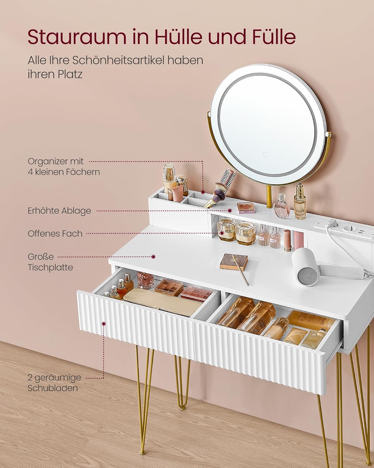 VASAGLE Dressing Table with Stool RVT019W01