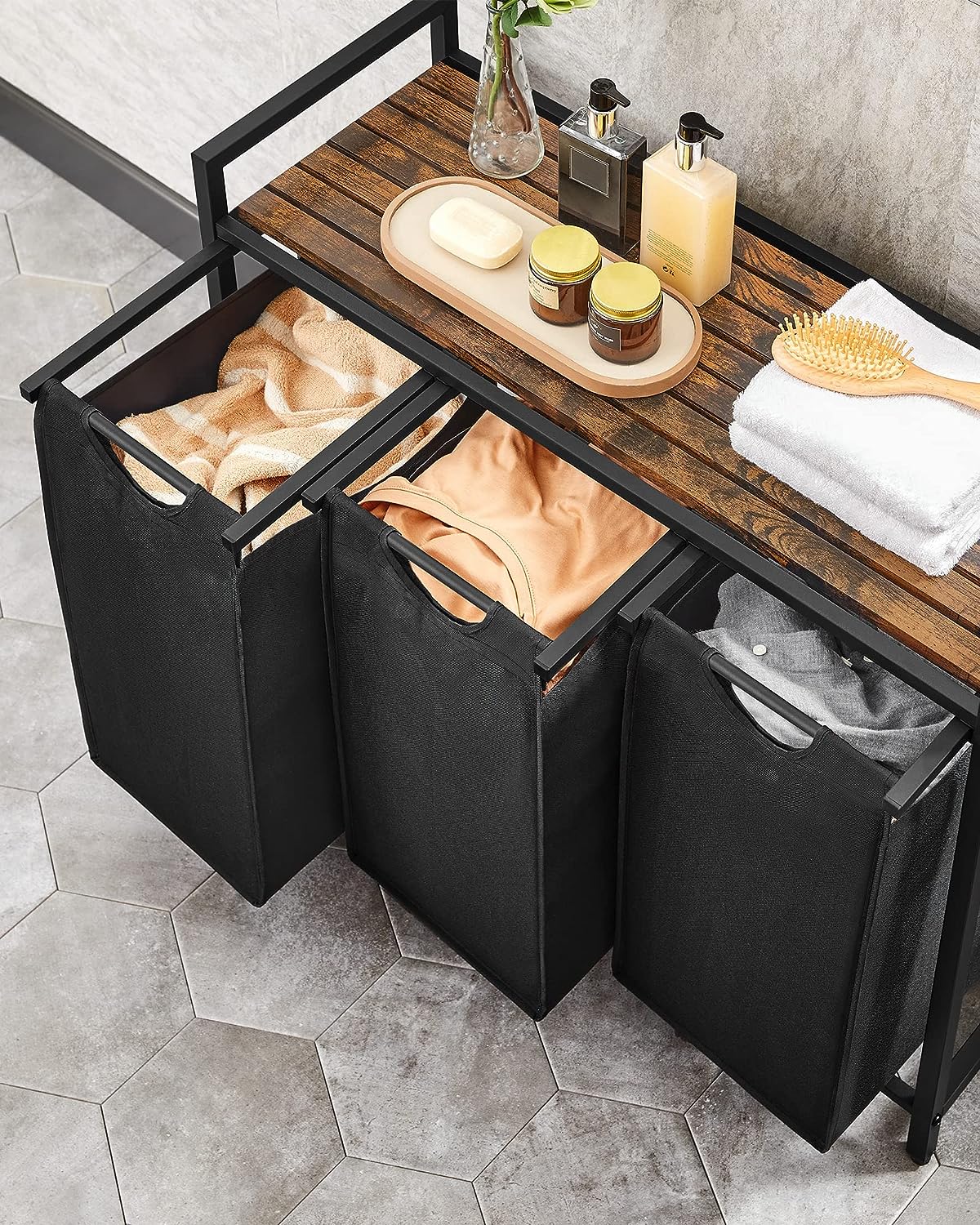 3 Compartments Laundry Basket with Shelf
