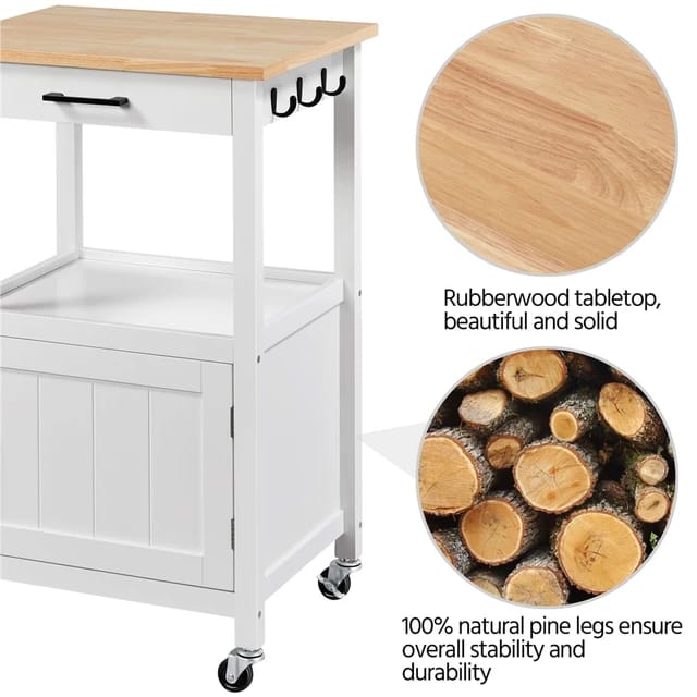 Yaheetech Kitchen Trolley on Wheels, Serving Trolley with Cabinet and Shelf,