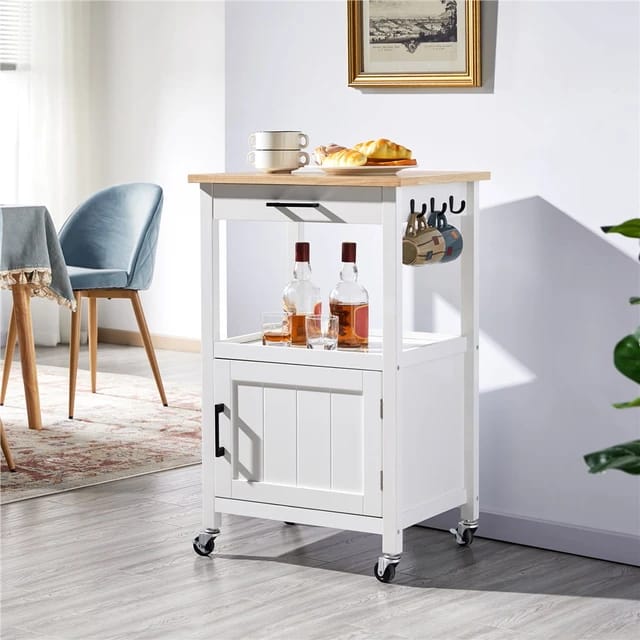 Yaheetech Kitchen Trolley on Wheels, Serving Trolley with Cabinet and Shelf,