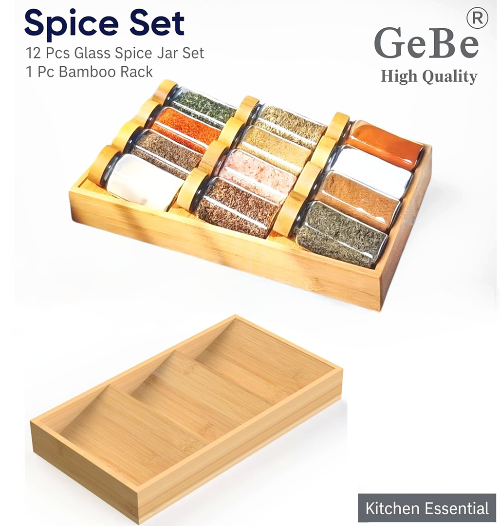 GeBe® 12-Piece Glass Spice Jar Set with 3-Tier Bamboo Rack