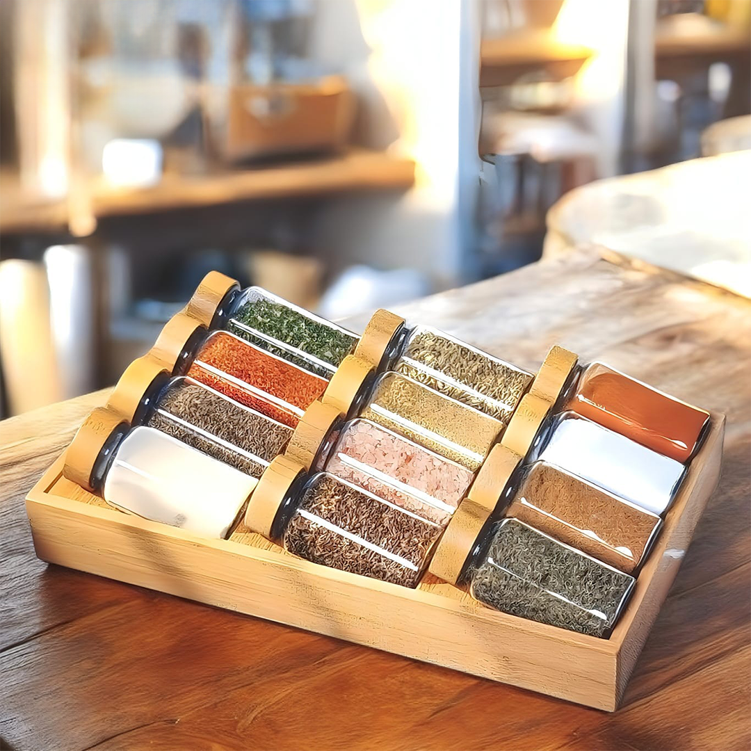 GeBe® 12-Piece Glass Spice Jar Set with 3-Tier Bamboo Rack