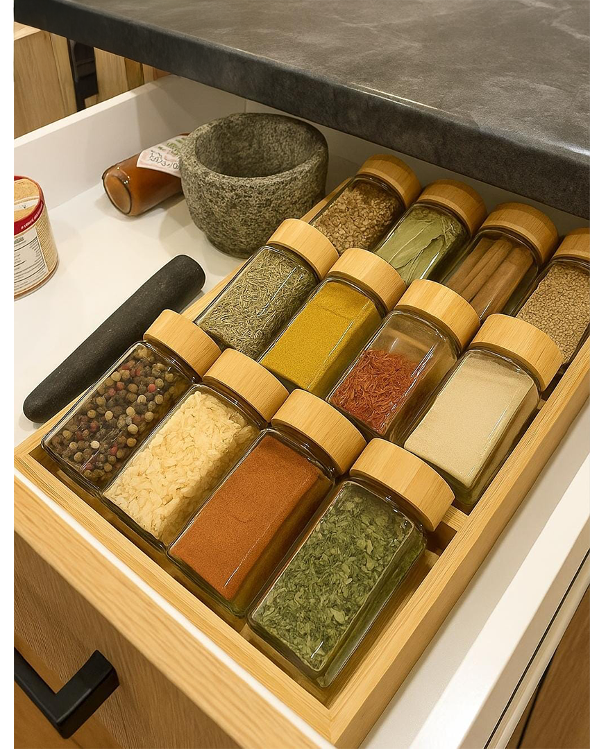 GeBe® 12-Piece Glass Spice Jar Set with 3-Tier Bamboo Rack