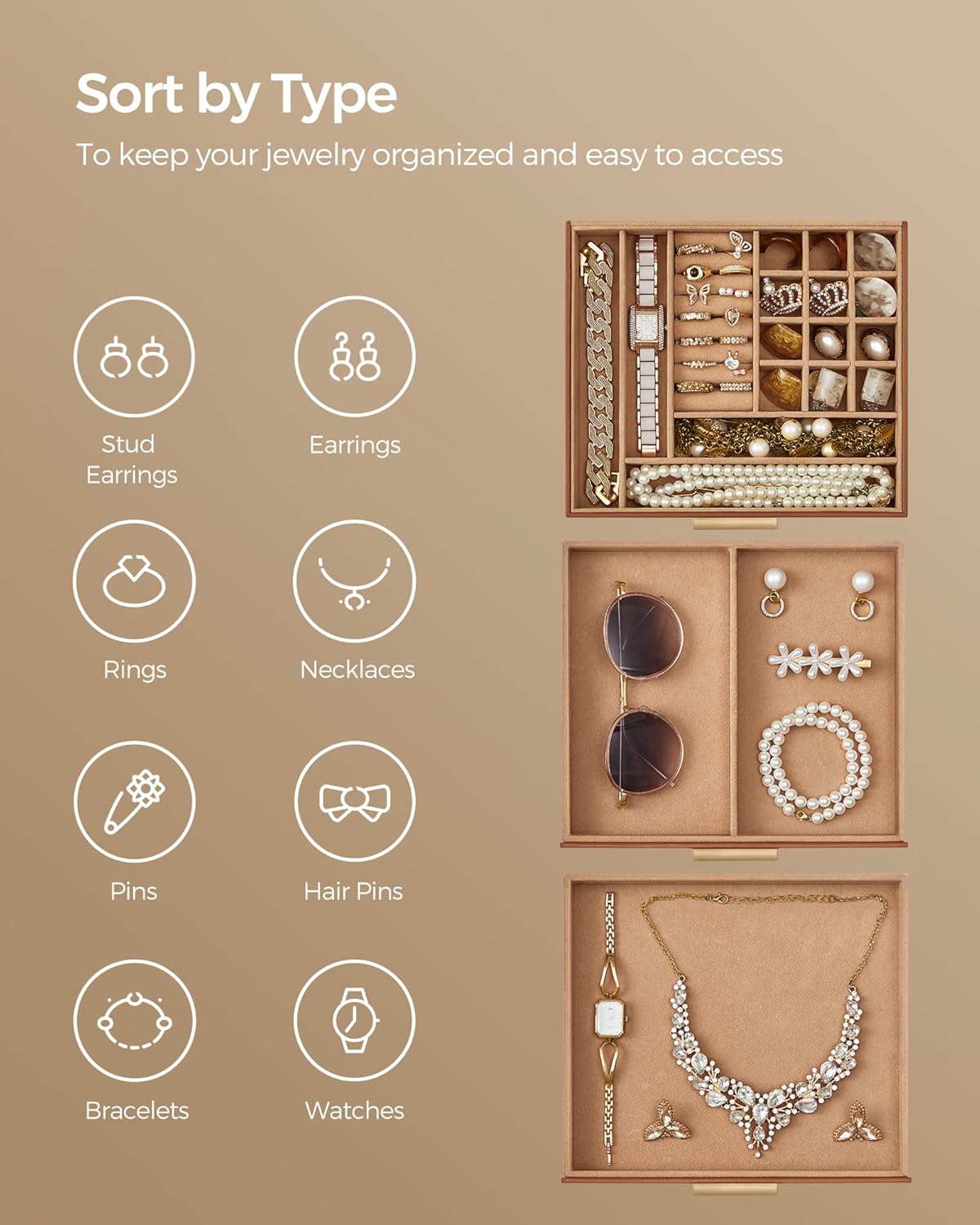 SONGMICS Jewelry Box Organizer with Glass Lid UJBC239K01