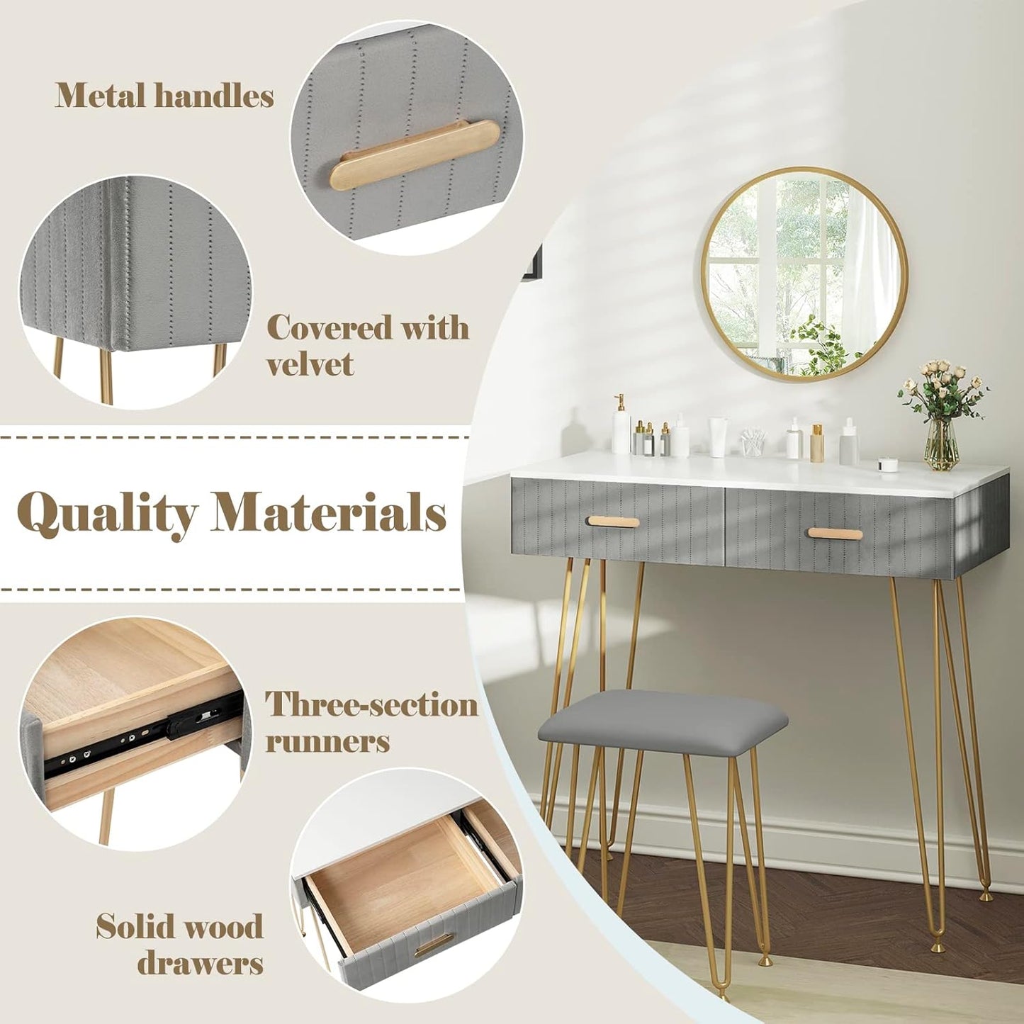 WOLTU Vanity Table with Stool Mirror