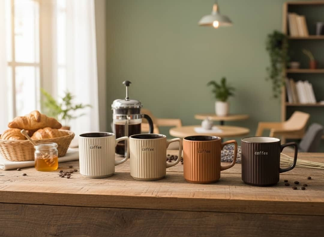 Set of 4 Modern Ribbed Ceramic Coffee Mug