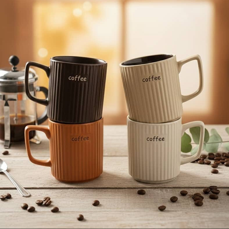 Set of 4 Modern Ribbed Ceramic Coffee Mug