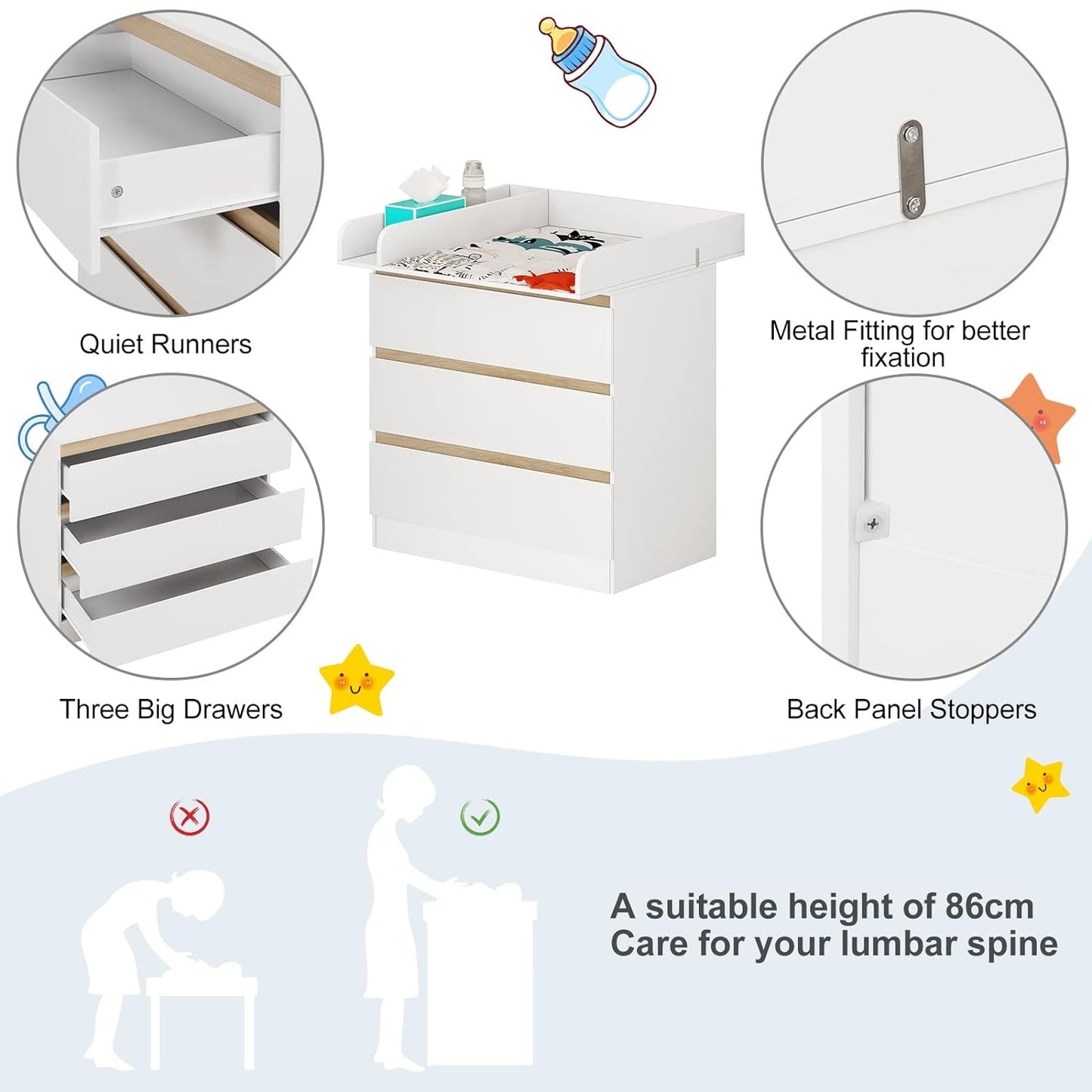 WOLTU Changing Table with 3 Drawers WT003
