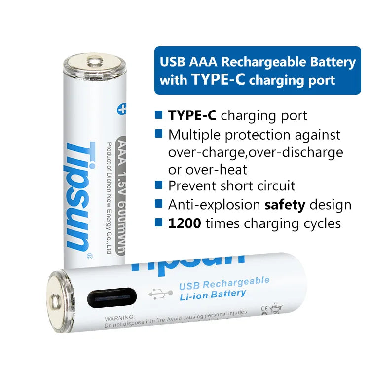 Tipsun® Rechargeable AAA Lithium-ion Batteries with USB-C Charging