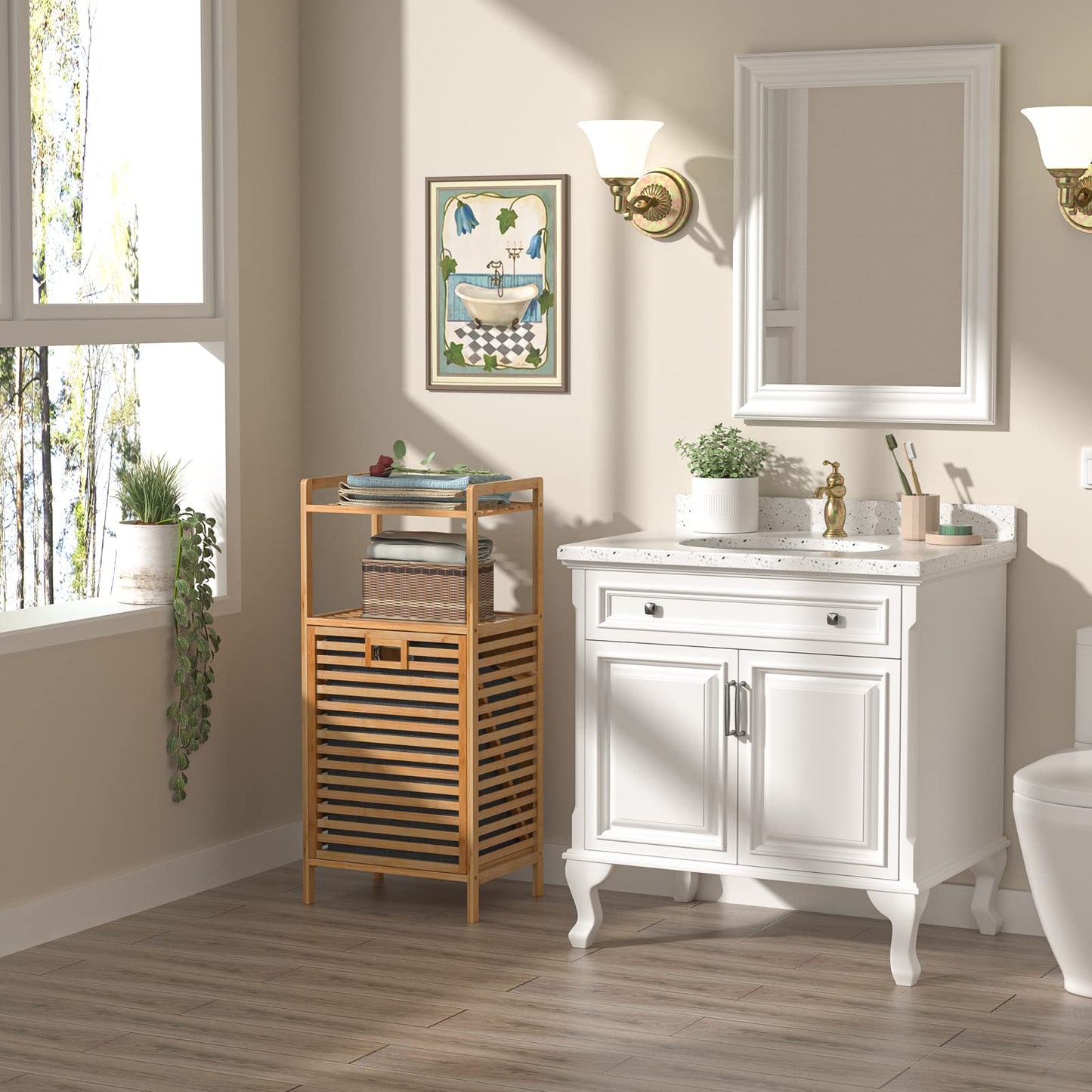 Bamboo Tilting Laundry Cabinet with Basket, Shelves and Handles for Clothes