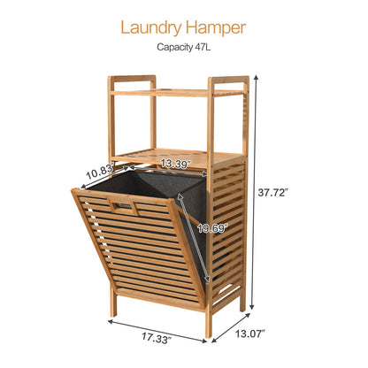 Bamboo Tilting Laundry Cabinet with Basket, Shelves and Handles for Clothes